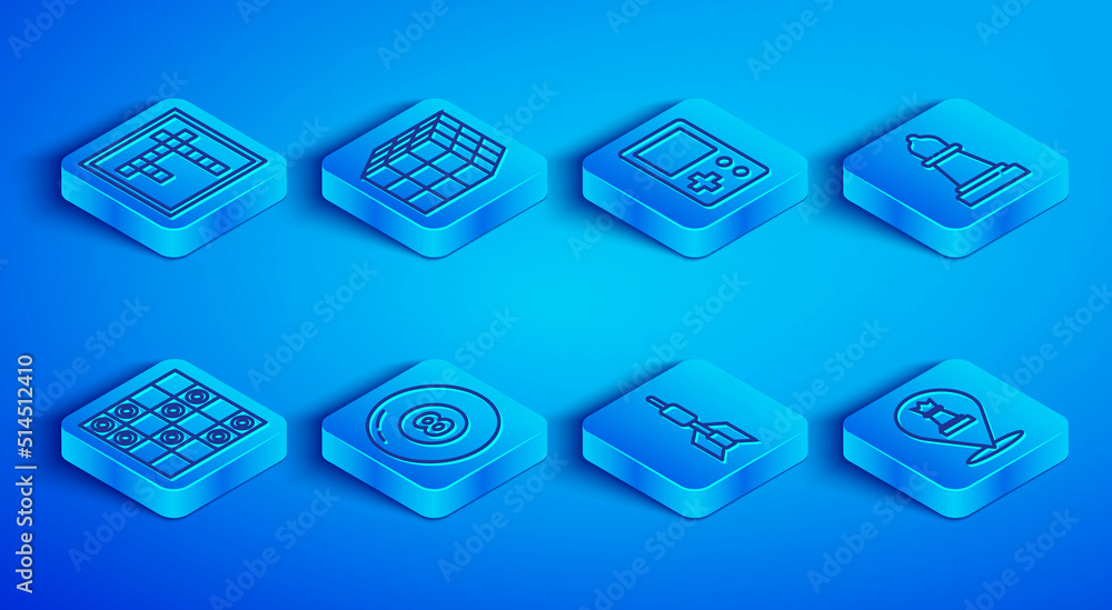 Set line Bingo, Rubik cube, Tetris, Billiard pool snooker ball, Dart arrow, Chess, Board game of checkers and icon. Vector Set line Bingo, Rubik cube, Tetris, Billiard pool snooker ball, Dart arrow, Chess, Board game of checkers and icon. Vector