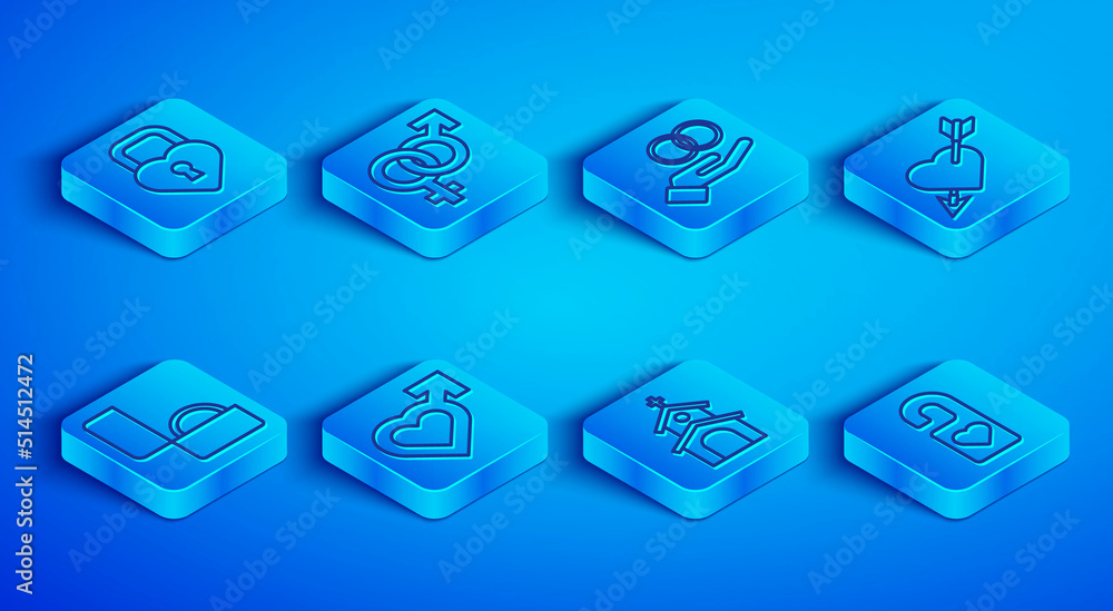 Obraz premium Set line Castle in the shape of heart, Gender, Wedding rings, Heart with male gender, Church building, Amour and arrow, Diamond engagement and Please do not disturb icon. Vector