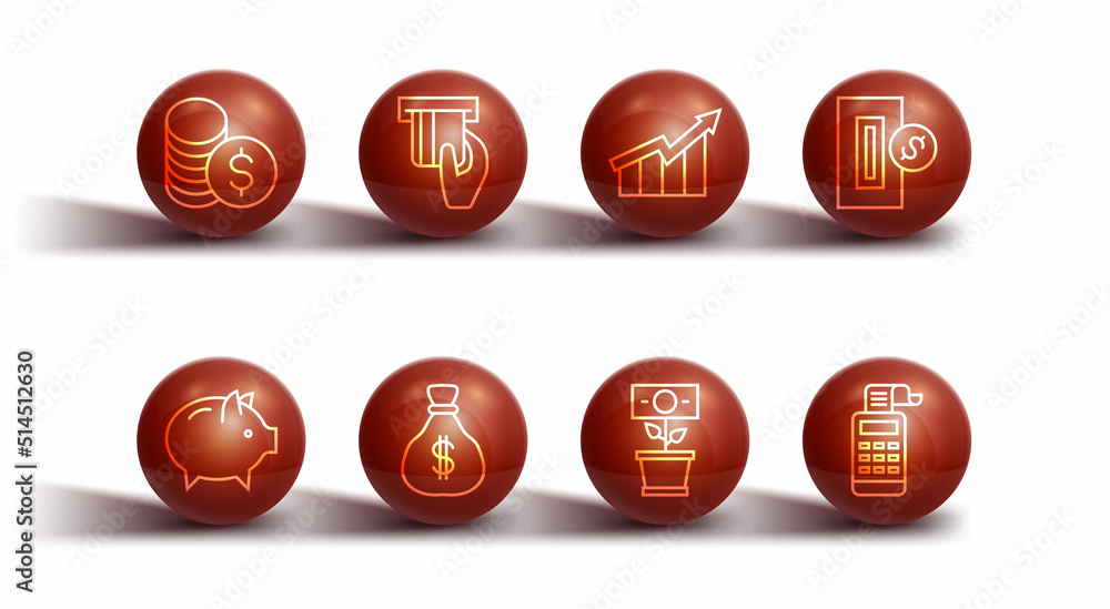 Set line Coin money with dollar, Piggy bank, Inserting coin, Money plant the pot, bag, Credit card inserted, Cash register machine and Financial growth increase icon. Vector Set line Coin money with dollar, Piggy bank, Inserting coin, Money plant the pot, bag, Credit card inserted, Cash register machine and Financial growth increase icon. Vector
