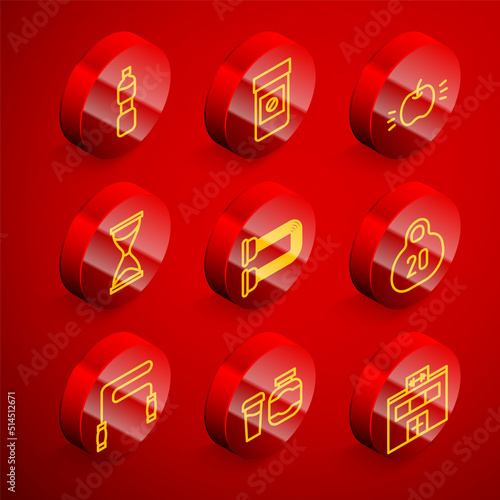 Set line Bottle of water, Anabolic drugs, Apple, Old hourglass, Chest expander, Kettlebell, Jump rope and Sports nutrition icon. Vector