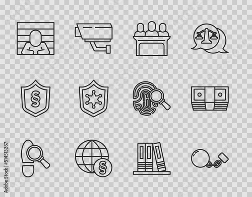 Set line Footsteps, Ball on chain, Jurors, International law, Prisoner, Police badge, Office folders and Bribe money cash icon. Vector