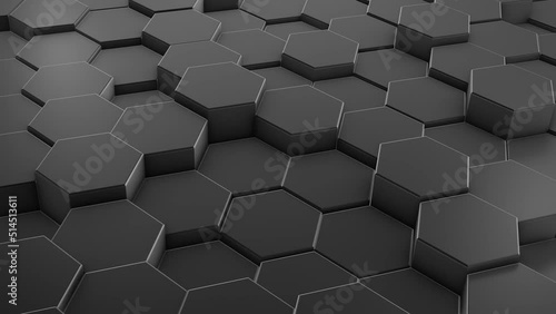 Black hexagon background footage. Moving colorful mosaic chaotic animation. Hi-tech isometric view geometric hexagonal backdrop. photo