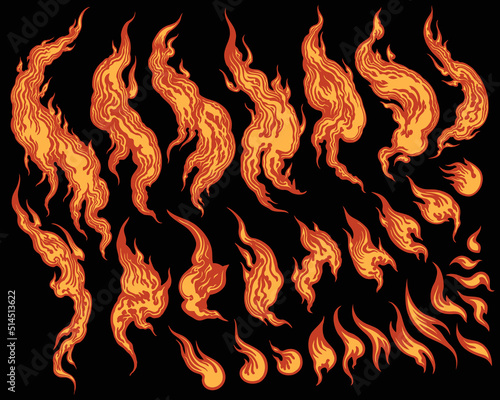 Flames elements. Design set. Editable hand drawn illustration. Vector vintage engraving. 8 EPS