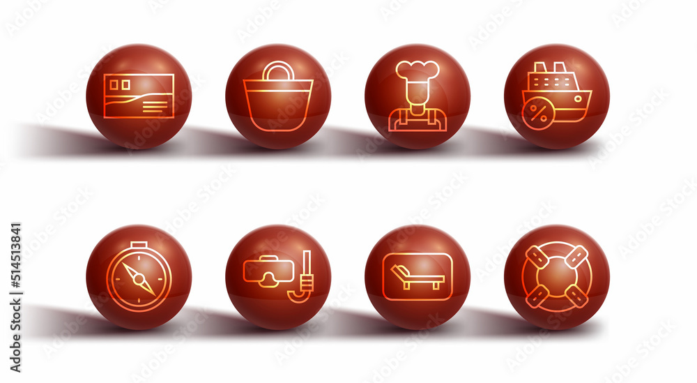 Set line Postcard travel, Compass, Cruise ship, Sunbed and umbrella, Diving mask snorkel, Beach bag, Lifebuoy and Cook icon. Vector Set line Postcard travel, Compass, Cruise ship, Sunbed and umbrella, Diving mask snorkel, Beach bag, Lifebuoy and Cook icon. Vector