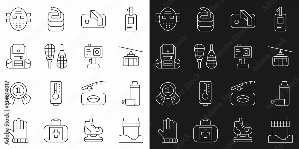 Set line Ribbon in finishing line, Thermos container, Cable car, Ice hockey goal, Snowshoes, Hiking backpack, Hockey mask and Action camera icon. Vector