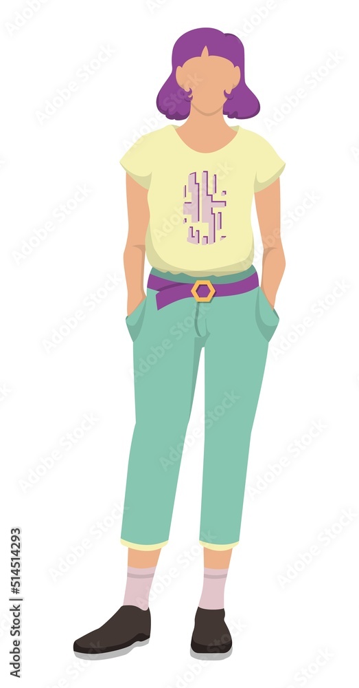 Stylish girl with short purple hair. She stands and holds her hands in pockets. Yellow shirt with designer print and breeches. Vector illustration isolated on white background.