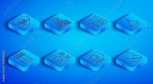 Set line Heart rate, Medical hospital building, vial, ampoule, symbol of the Emergency, Enema, Medicine bottle and pills and or tablet icon. Vector