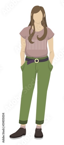 A girl with long hair stands and holds her hands in her pocket. Pink shirt, khaki breeches.