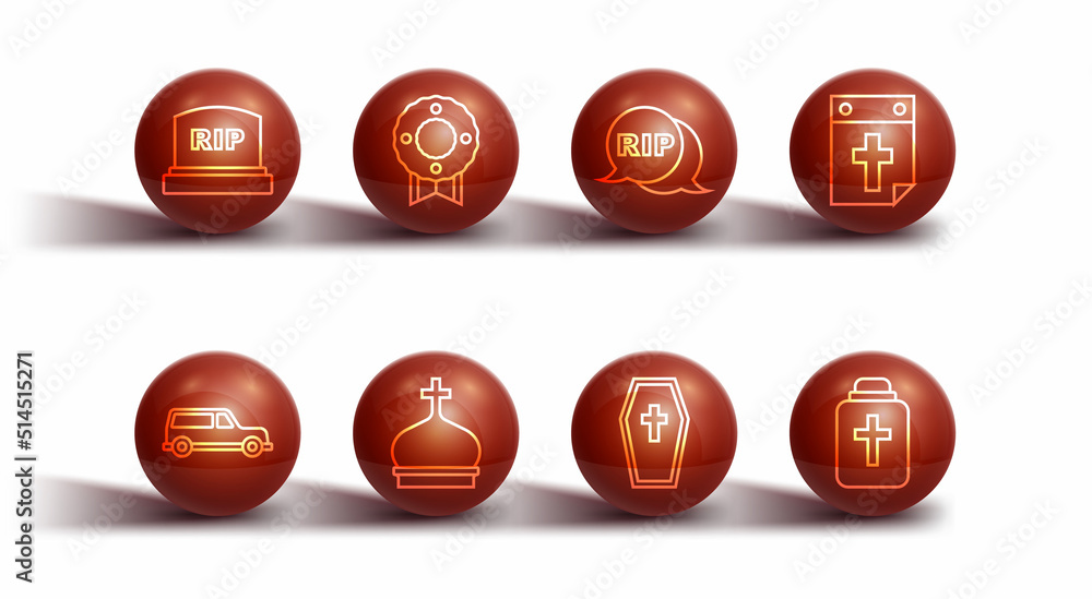 Set line Tombstone with RIP written, Hearse car, Calendar death, Coffin cross, Church tower, Memorial wreath, Funeral urn and Speech bubble rip icon. Vector Set line Tombstone with RIP written, Hearse car, Calendar death, Coffin cross, Church tower, Memorial wreath, Funeral urn and Speech bubble rip icon. Vector