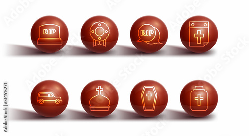 Set line Tombstone with RIP written, Hearse car, Calendar death, Coffin cross, Church tower, Memorial wreath, Funeral urn and Speech bubble rip icon. Vector