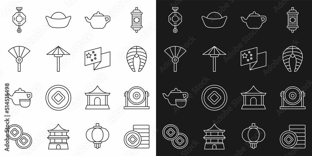 Set line Chinese Yuan currency, Gong, Fish steak, ceremony, Japanese umbrella from the sun, or japanese folding fan, paper lantern and China flag icon. Vector Set line Chinese Yuan currency, Gong, Fish steak, ceremony, Japanese umbrella from the sun, or japanese folding fan, paper lantern and China flag icon. Vector