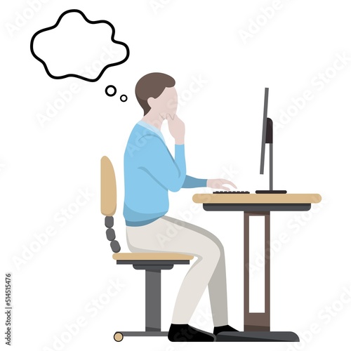 An office worker sits at a computer. The person is thinking about ideas. Working day. The working process. Inspiration. Searching of decisions. Flat vector illustration isolated on white background.