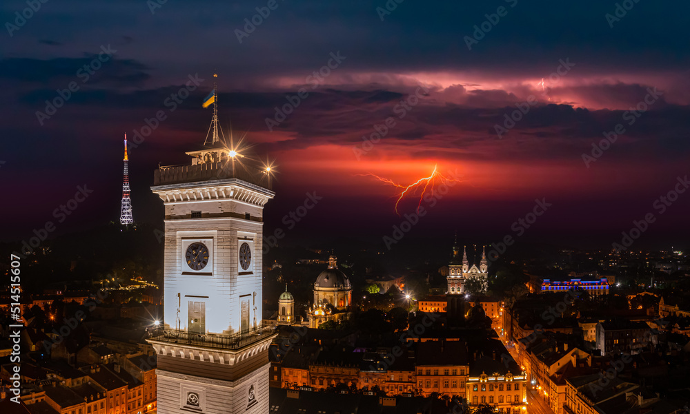 Fototapeta premium Aerialdrone with lightning on the sky