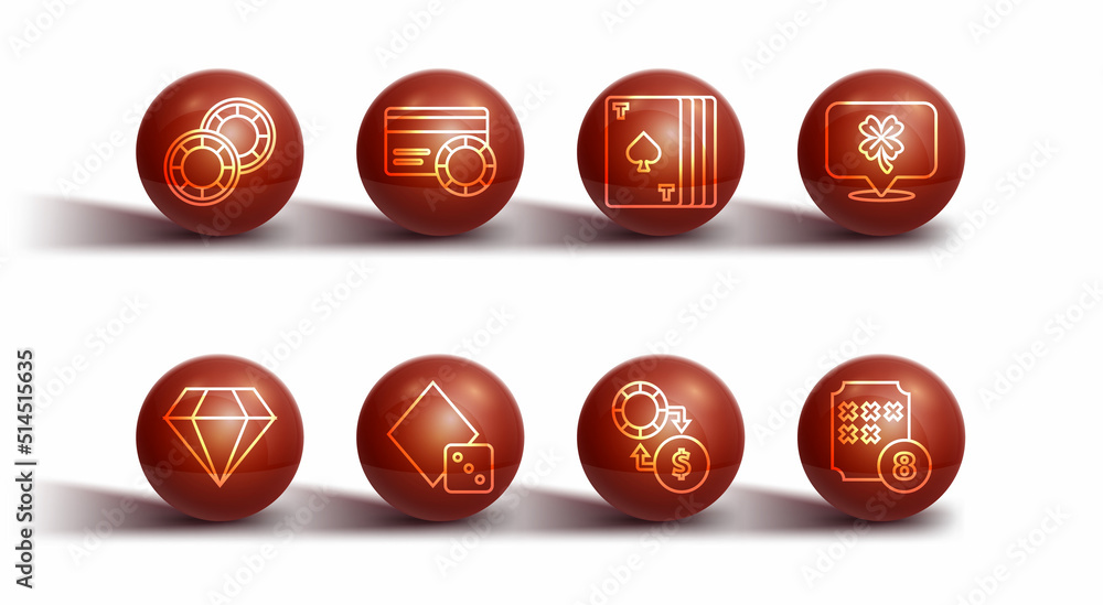 Set line Casino chips, Diamond, slot machine with clover, exchange money, Game dice, Credit card, Lottery ball bingo and Deck of playing cards icon. Vector Set line Casino chips, Diamond, slot machine with clover, exchange money, Game dice, Credit card, Lottery ball bingo and Deck of playing cards icon. Vector
