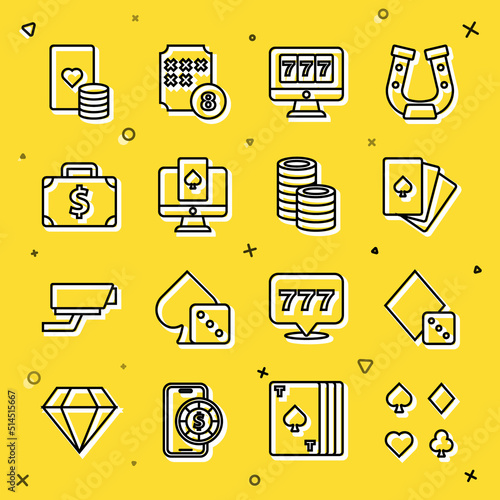 Set line Deck of playing cards, Game dice, Online slot machine with jackpot, poker table game, Briefcase and money, Casino chip and chips icon. Vector