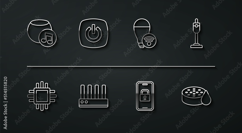 Set line Voice assistant, Processor with CPU, Vacuum cleaner, Digital door lock, Router and wi-fi signal, Smart home, Water sensor and light bulb icon. Vector Set line Voice assistant, Processor with CPU, Vacuum cleaner, Digital door lock, Router and wi-fi signal, Smart home, Water sensor and light bulb icon. Vector