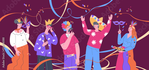 Carnival and music festival banner mockup with people in funny masquerade masks, flat vector illustration. People celebrating Purim, Mardi Gras festival or other festive event with carnival march.