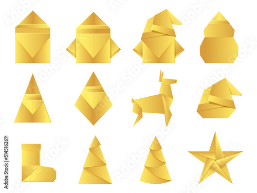 Golden Christmas and New Year decoration knickknacks made of gold foil