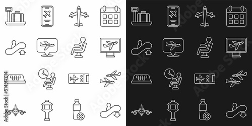 Set line Escalator down, Plane, up, Scale with suitcase and Human waiting in airport terminal icon. Vector