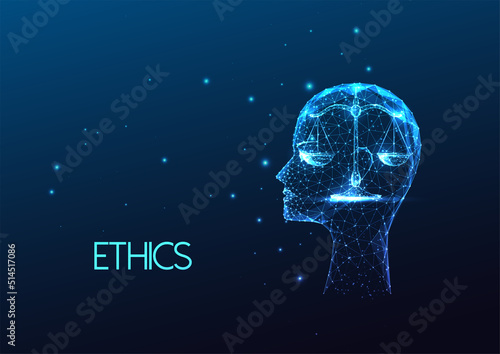 Concept of personal ethics, core values with human head and scale symbol in futuristic glowing style