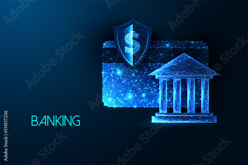 Concept of online banking and digital payment with bank, credit card, protective shield, dollar sign