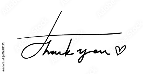 Thank you word with a heart. Written in a free hand. The handwriting is black on white. Vector illustration of gratitude isolated.