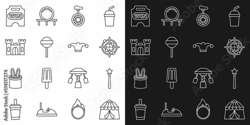 Set line Circus tent, Magic wand, Target sport, Unicycle one wheel bicycle, Lollipop, Castle, ticket and Jester hat with bells icon. Vector