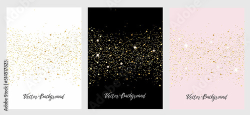 Sparkling falling gold dust with gold stars. Set of vector  backgrounds with glitter and space for text	
