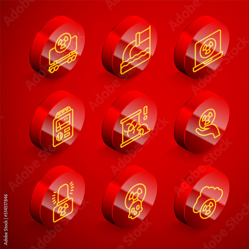 Set line Radioactive cargo train, Wastewater, Nuclear laptop, Dosimeter, waste barrel, warning lamp and icon. Vector