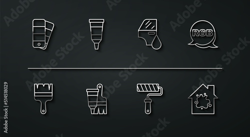 Set line Color palette guide, Paint brush, RGB, roller, Tube with paint and, Painting the house and Car painting icon. Vector