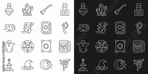 Set line Magic staff  Tarot cards  Wooden axe  Witches broom  scroll  Fireball  Bottle with potion and icon. Vector