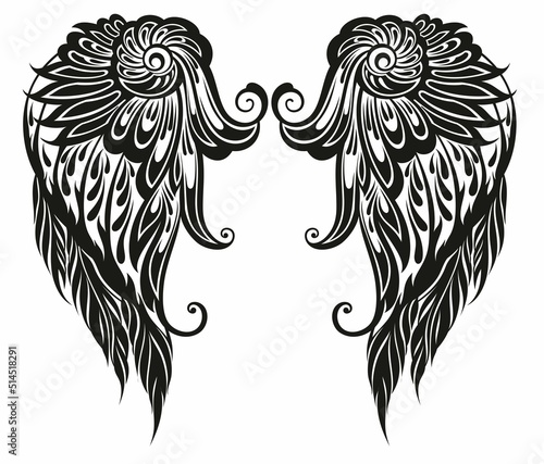 Stylized a pair of bird wings. Angel. Vector illustration for tattoo silhouettes. Set of of bird wings or design  on mug,t shirt,phone case. Tattoo wings design. Ideal for printing, posters, t-shirts,