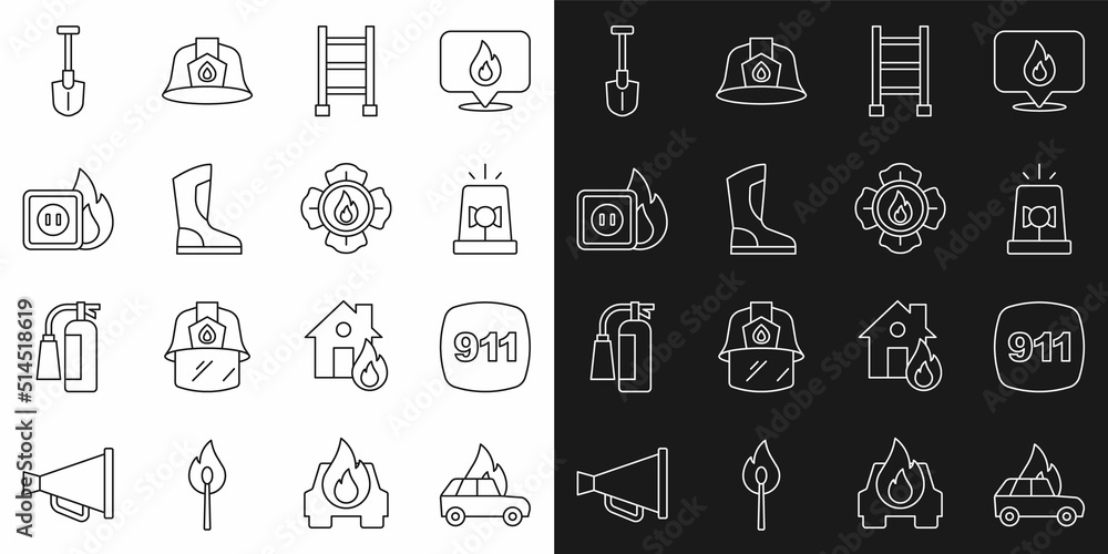 Set line Burning car, Emergency call 911, Flasher siren, Fire escape, boots, Electric wiring of socket fire, shovel and Firefighter icon. Vector