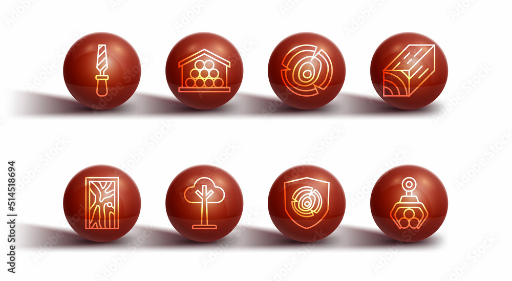Set line Rasp metal file, Closed door, Wooden beam, logs, Tree, Grapple crane grabbed and icon. Vector Set line Rasp metal file, Closed door, Wooden beam, logs, Tree, Grapple crane grabbed and icon. Vector
