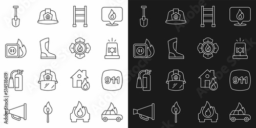 Set line Burning car, Emergency call 911, Flasher siren, Fire escape, boots, Electric wiring of socket fire, shovel and Firefighter icon. Vector