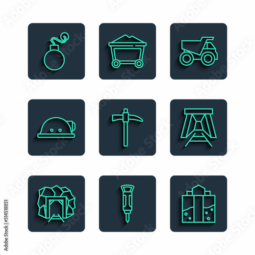 Set line Mine entrance, Construction jackhammer, Mining dump truck, Pickaxe, Miner helmet, Bomb and icon. Vector
