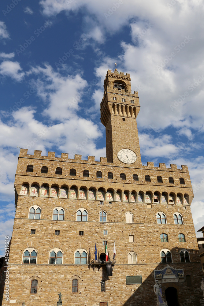 Tower of Old Palace called PALAZZO VECCHIO in the Signoria Square in Florence City in Italy Europe