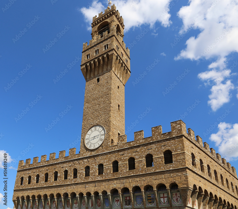 Clock Tower of OLD PALACE called Palazzo Vecchio in Florence City in Central Italy Europe