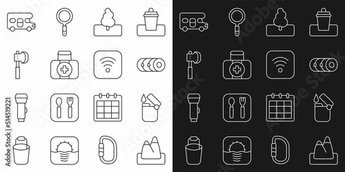 Set line Mountains, Lighter, Blanket roll, Tree, First aid kit, Wooden axe, RV motorhome vehicle and Wi-Fi wireless internet icon. Vector