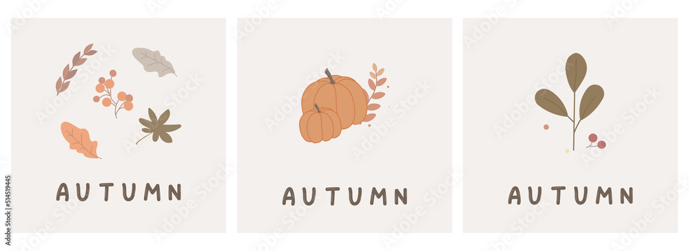 Autumn mood greeting card poster template. Minimalistic card with leaves and pumpkins. Vector illustration. Autumn mood greeting card poster template. Minimalistic card with leaves and pumpkins. Vector illustration.