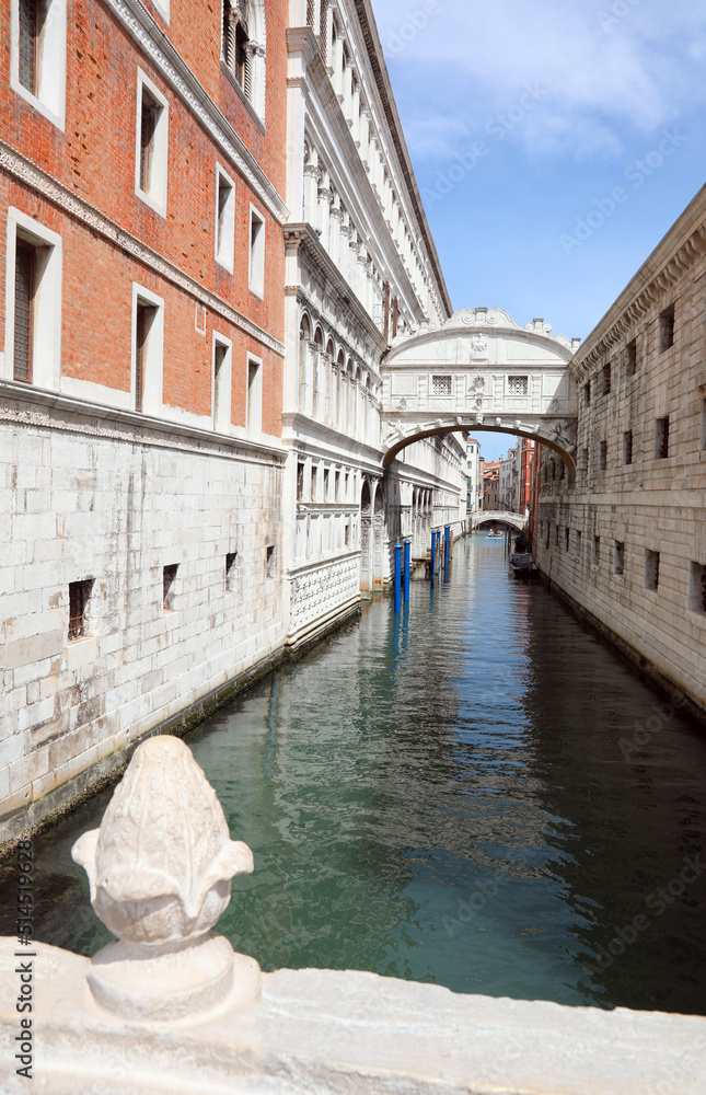 Canal Waterway without boats during lockdown in Venice in Italy in Southern Europe and the Bridge of Sighs