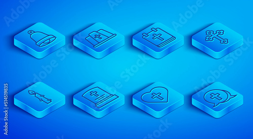 Set line Church bell, Pope hat, Calendar with Easter, Grave tombstone, Christian cross in heart, Burning candle and icon. Vector