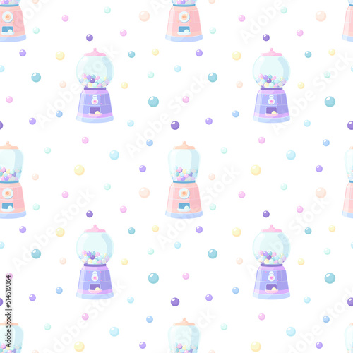 Seamless pattern with gum machines. Vector illustration in gentle pastel colors. Round sweets on a white background.