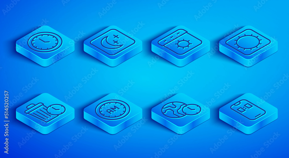 Set line Clock, Moon and stars, Calendar summer, Morning time, World, Sun, Waste of and Alarm clock app mobile icon. Vector Set line Clock, Moon and stars, Calendar summer, Morning time, World, Sun, Waste of and Alarm clock app mobile icon. Vector