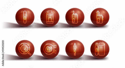 Set line Cigar, Ashtray with cigarette, Vape mod device, Marijuana joint, spliff, Tobacco leaf shop, Electronic and icon. Vector