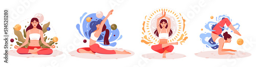 Women practice yoga and meditation. Practice meditation. The concept of Zen and harmony. Mental health. A girl in different yoga poses. Vector illustration