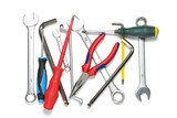 Construction work tools for building. Screwdrivers, wrenches, pliers. Bright set of tools close-up  isolated on a white background