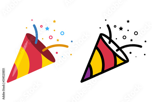 Set confetti party popper icon, fireworks logo, cap, flat design. Vector illustration isolated on white background