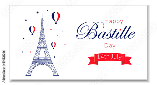 Happy Bastille Day, the French National Day poster and concept design. France independence day celebration card. Red, white, blue horizontal banner Vector