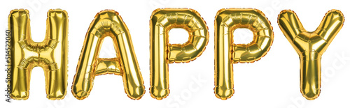 Happy Balloons. Happy Birthday celebration. Yellow Gold foil helium balloon. Words good for party, birthday, greeting card, events. English Alphabet Letters. Isolated white background.
